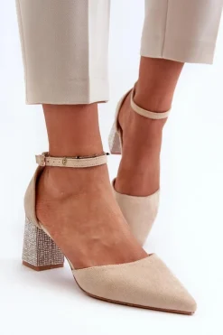 Boto Czółenka Zamszowe|Czółenka Na Słupku*Czółenka z Eko Zamszu Na Zdobionym Słupku Beżowe Anlitela