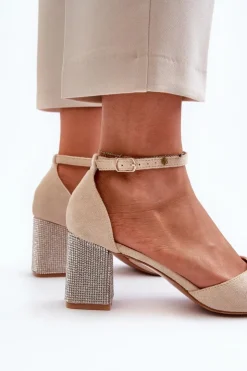 Boto Czółenka Zamszowe|Czółenka Na Słupku*Czółenka z Eko Zamszu Na Zdobionym Słupku Beżowe Anlitela