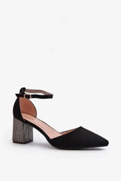 Damskie Boto Czółenka z Eko Zamszu Na Zdobionym Słupku Czarne Anlitela