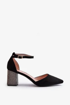 Damskie Boto Czółenka z Eko Zamszu Na Zdobionym Słupku Czarne Anlitela