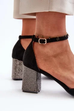 Damskie Boto Czółenka z Eko Zamszu Na Zdobionym Słupku Czarne Anlitela