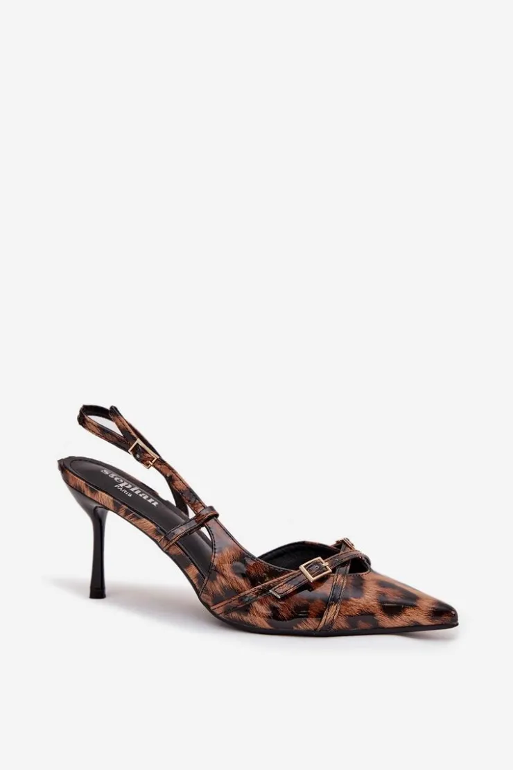 Boto Czółenka Z Odkrytą Piętą I Paseczkami Panterka Brązowe Ravira Brązowy