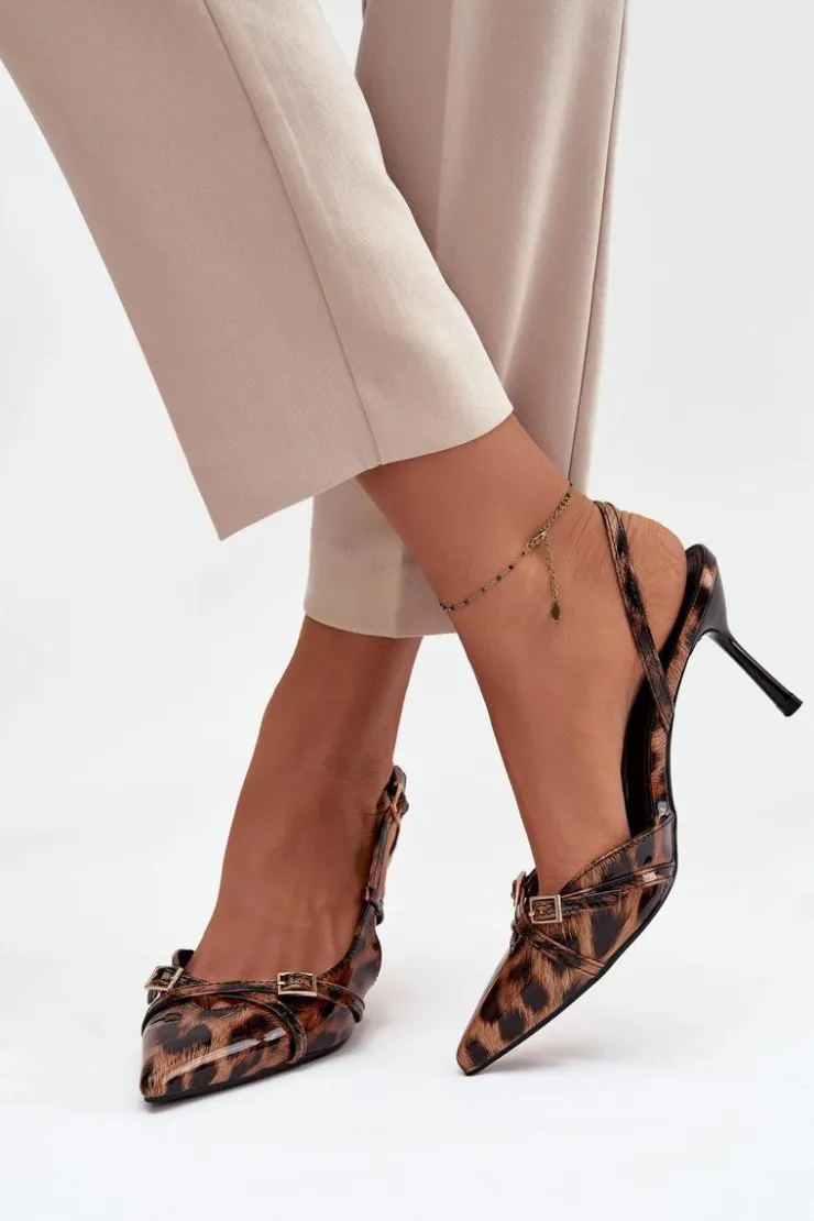 Boto Czółenka Z Odkrytą Piętą I Paseczkami Panterka Brązowe Ravira Brązowy