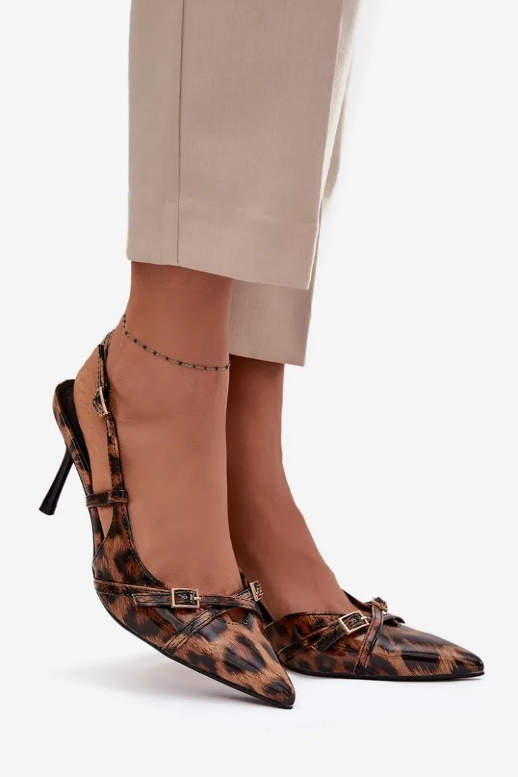 Boto Czółenka Z Odkrytą Piętą I Paseczkami Panterka Brązowe Ravira Brązowy