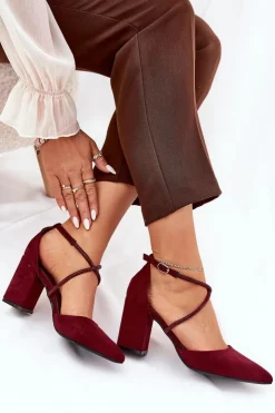 Damskie Boto Czółenka Ze Szpiczastymi Noskami I Zdobionymi Paseczkami Na Słupku Bordowe Verithas