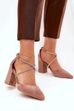 Boto Czółenka Zamszowe|Czółenka Na Słupku*Czółenka Ze Szpiczastymi Noskami I Zdobionymi Paseczkami Na Słupku Ciemnobeżowe Verithas