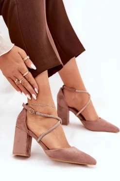 Boto Czółenka Zamszowe|Czółenka Na Słupku*Czółenka Ze Szpiczastymi Noskami I Zdobionymi Paseczkami Na Słupku Ciemnobeżowe Verithas