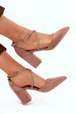 Boto Czółenka Zamszowe|Czółenka Na Słupku*Czółenka Ze Szpiczastymi Noskami I Zdobionymi Paseczkami Na Słupku Ciemnobeżowe Verithas