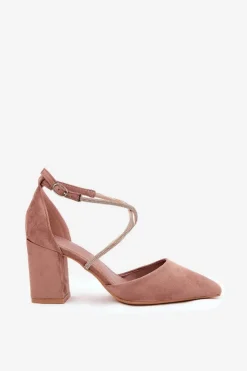 Boto Czółenka Zamszowe|Czółenka Na Słupku*Czółenka Ze Szpiczastymi Noskami I Zdobionymi Paseczkami Na Słupku Ciemnobeżowe Verithas