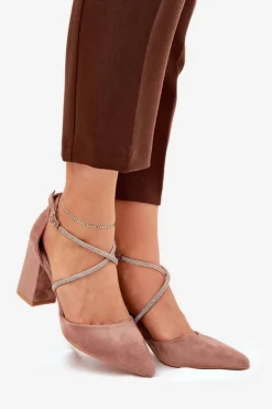 Boto Czółenka Zamszowe|Czółenka Na Słupku*Czółenka Ze Szpiczastymi Noskami I Zdobionymi Paseczkami Na Słupku Ciemnobeżowe Verithas