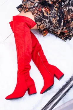 Clearance Boto Czerwone Damskie Kozaki Zamszowe Za Kolano Feluni