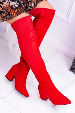 Clearance Boto Czerwone Damskie Kozaki Zamszowe Za Kolano Feluni