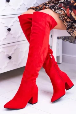 Clearance Boto Czerwone Damskie Kozaki Zamszowe Za Kolano Feluni