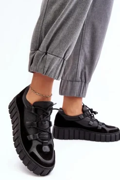 Damskie Zazoo Damskie Skórzane Buty Sportowe Na Platformie M01/1 Czarne