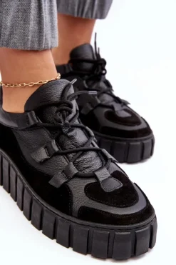 Damskie Zazoo Damskie Skórzane Buty Sportowe Na Platformie M01/1 Czarne