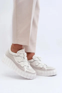 Zazoo Buty Sportowe Na Platformie|Sneakersy Damskie*Damskie Skórzane Buty Sportowe Na Platformie M01/1 Jasnobeżowe