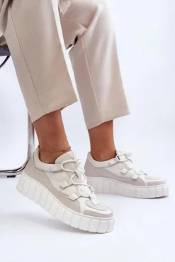 Zazoo Buty Sportowe Na Platformie|Sneakersy Damskie*Damskie Skórzane Buty Sportowe Na Platformie M01/1 Jasnobeżowe