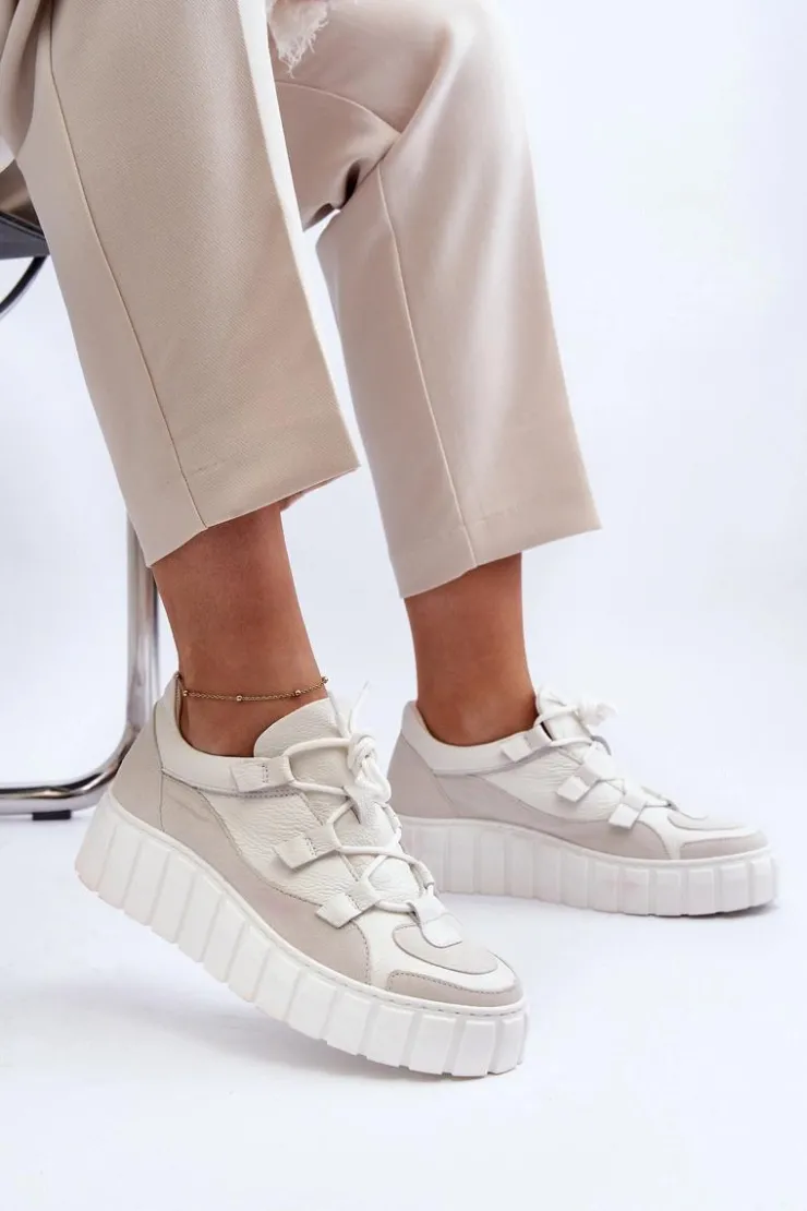 Zazoo Buty Sportowe Na Platformie|Sneakersy Damskie*Damskie Skórzane Buty Sportowe Na Platformie M01/1 Jasnobeżowe