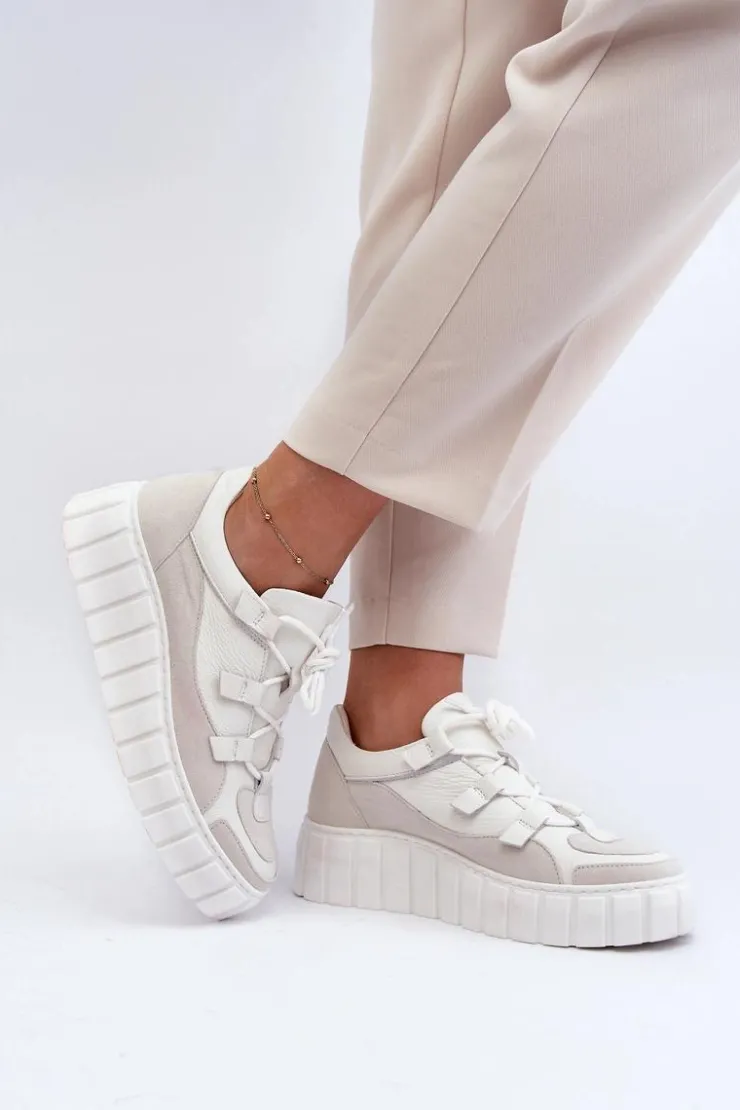 Zazoo Buty Sportowe Na Platformie|Sneakersy Damskie*Damskie Skórzane Buty Sportowe Na Platformie M01/1 Jasnobeżowe