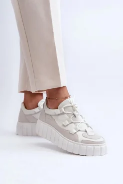 Zazoo Buty Sportowe Na Platformie|Sneakersy Damskie*Damskie Skórzane Buty Sportowe Na Platformie M01/1 Jasnobeżowe