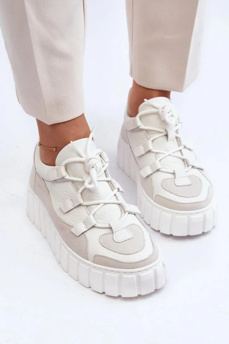 Zazoo Buty Sportowe Na Platformie|Sneakersy Damskie*Damskie Skórzane Buty Sportowe Na Platformie M01/1 Jasnobeżowe
