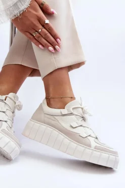Zazoo Buty Sportowe Na Platformie|Sneakersy Damskie*Damskie Skórzane Buty Sportowe Na Platformie M01/1 Jasnobeżowe