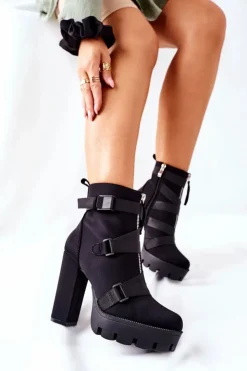 Boto Botki Na Słupku|Czarne Botki*Damskie Aksamitne Botki Na Słupku Czarne Hurry Up