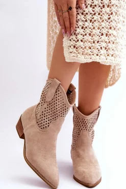 Damskie Boto Damskie Ażurowe Botki Kowbojki Beżowe Reeds