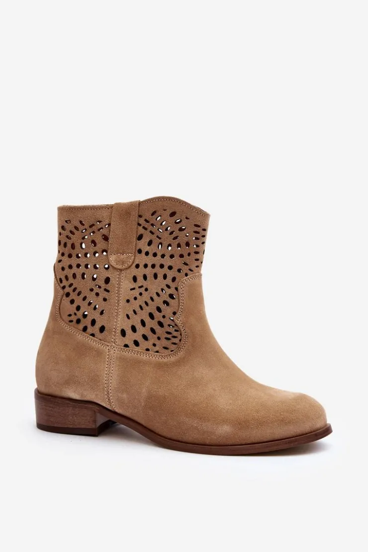 Zazoo Botki Wiosenne|Botki Skórzane*Damskie Ażurowe Botki Lewski Shoes 3305/2 Beżowe