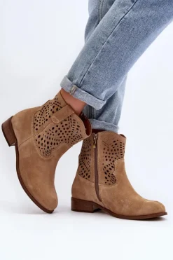 Zazoo Botki Wiosenne|Botki Skórzane*Damskie Ażurowe Botki Lewski Shoes 3305/2 Beżowe