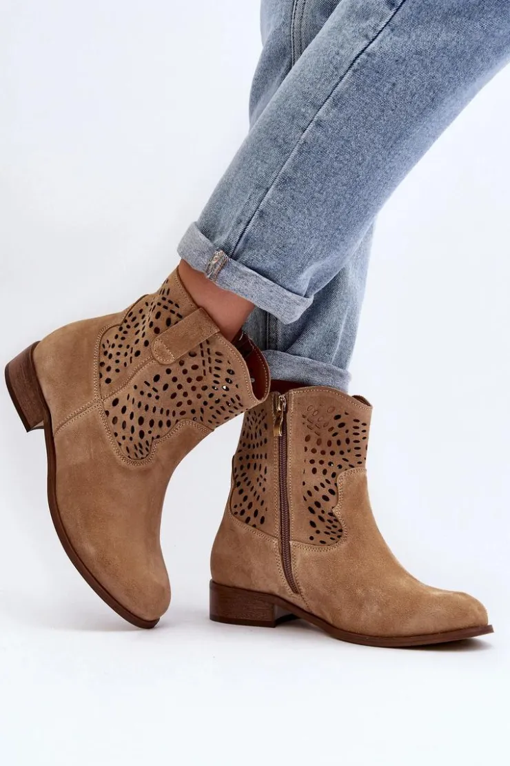 Zazoo Botki Wiosenne|Botki Skórzane*Damskie Ażurowe Botki Lewski Shoes 3305/2 Beżowe