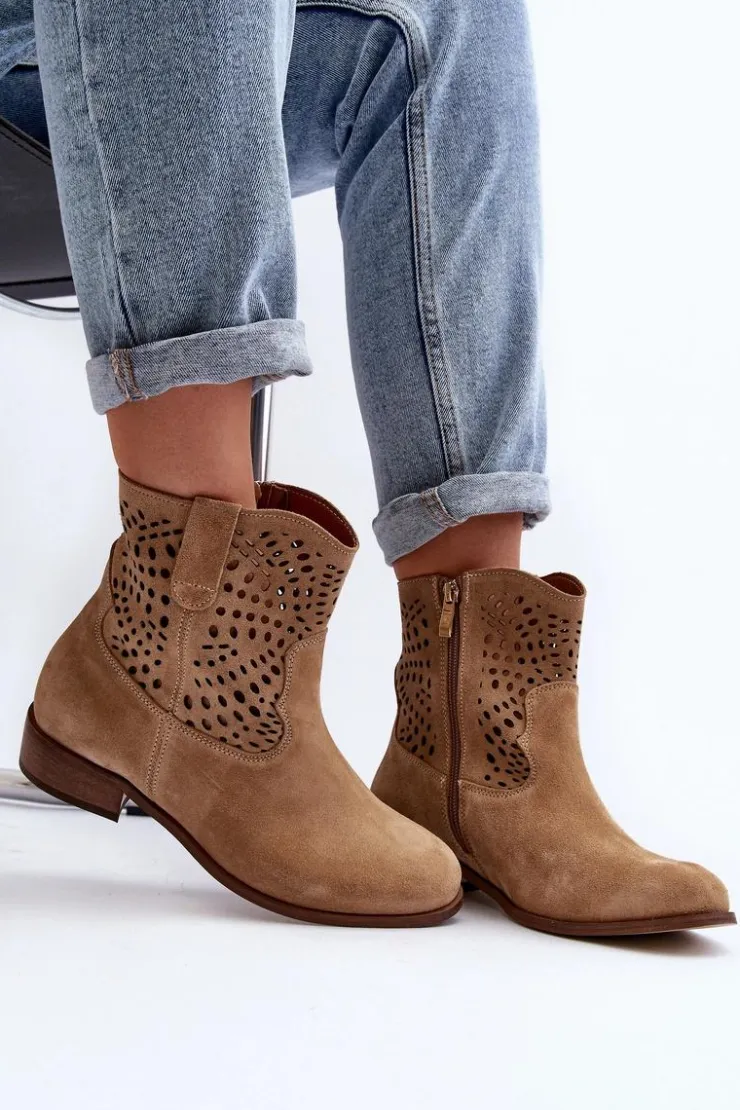 Zazoo Botki Wiosenne|Botki Skórzane*Damskie Ażurowe Botki Lewski Shoes 3305/2 Beżowe