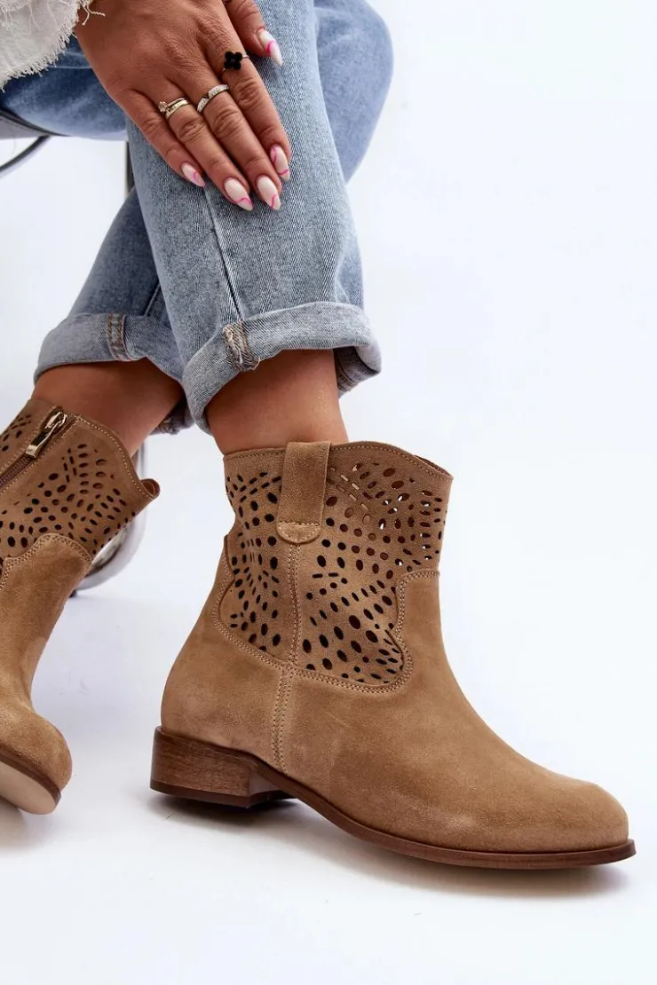 Zazoo Botki Wiosenne|Botki Skórzane*Damskie Ażurowe Botki Lewski Shoes 3305/2 Beżowe