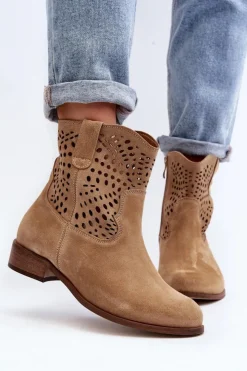 Zazoo Botki Wiosenne|Botki Skórzane*Damskie Ażurowe Botki Lewski Shoes 3305/2 Beżowe