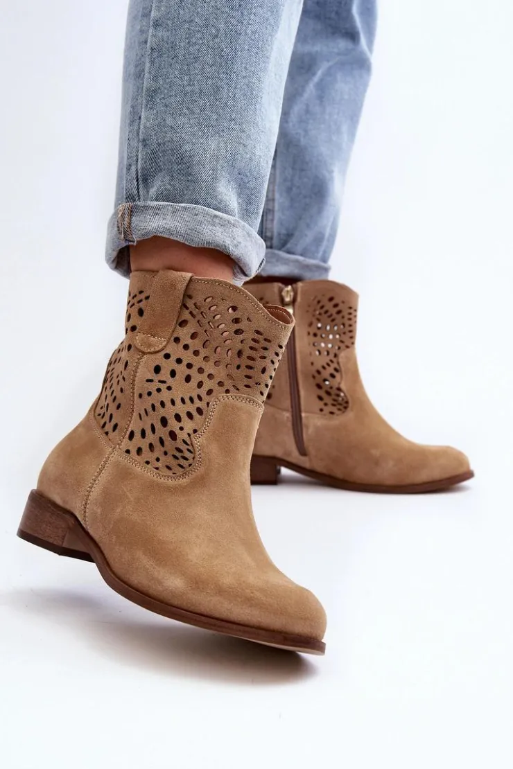 Zazoo Botki Wiosenne|Botki Skórzane*Damskie Ażurowe Botki Lewski Shoes 3305/2 Beżowe