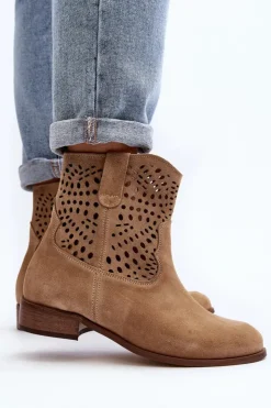 Zazoo Botki Wiosenne|Botki Skórzane*Damskie Ażurowe Botki Lewski Shoes 3305/2 Beżowe