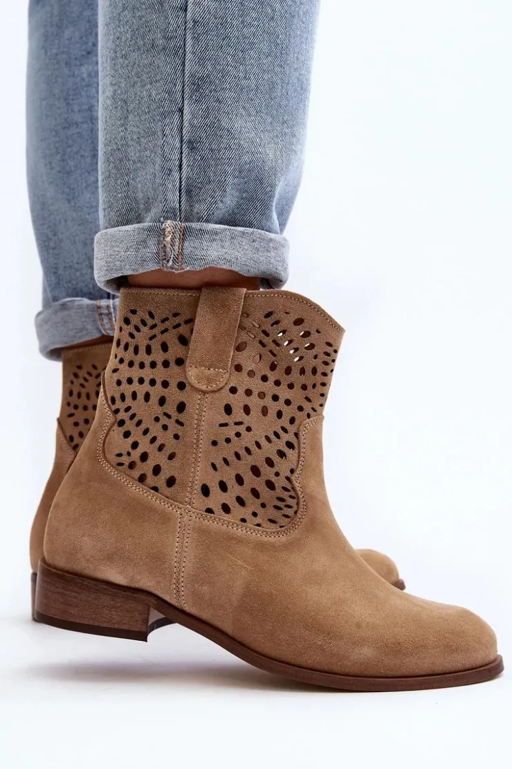 Zazoo Botki Wiosenne|Botki Skórzane*Damskie Ażurowe Botki Lewski Shoes 3305/2 Beżowe