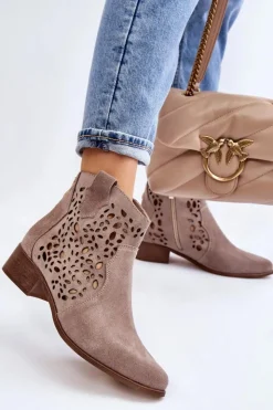 Boto Botki Wiosenne|Botki Ażurowe*Damskie Ażurowe Botki Lewski Shoes 2909 Jasnobrązowe