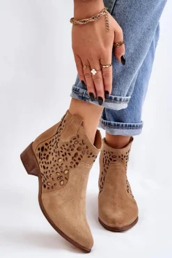 Damskie Boto Damskie Ażurowe Botki Lewski Shoes 2909 Ciemnobeżowe