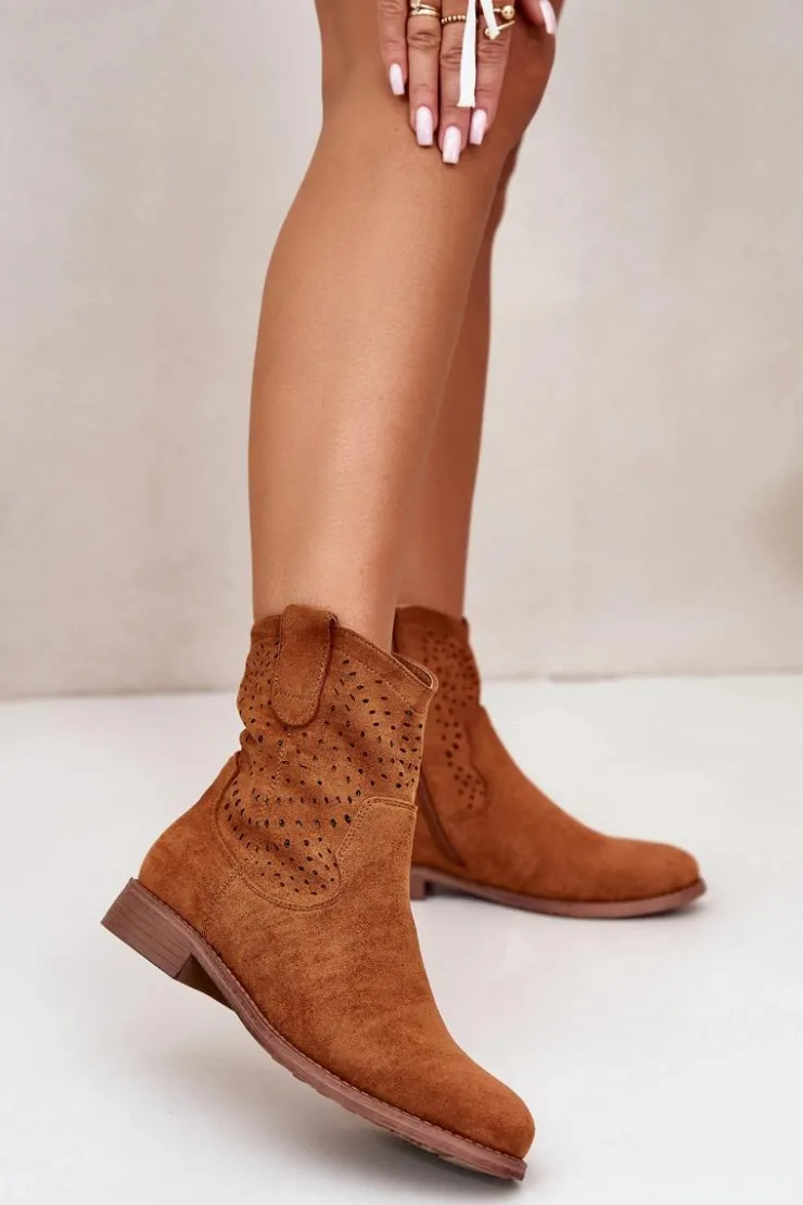 Sale Damskie buty S.Barski Damskie Ażurowe Botki Na Płaskim Obcasie Camel S.Barski HY42-135