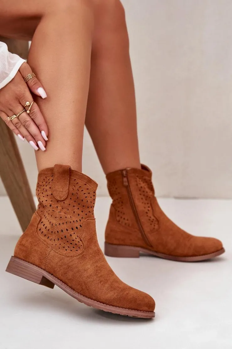 Sale Damskie buty S.Barski Damskie Ażurowe Botki Na Płaskim Obcasie Camel S.Barski HY42-135