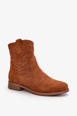 Sale Damskie buty S.Barski Damskie Ażurowe Botki Na Płaskim Obcasie Camel S.Barski HY42-135