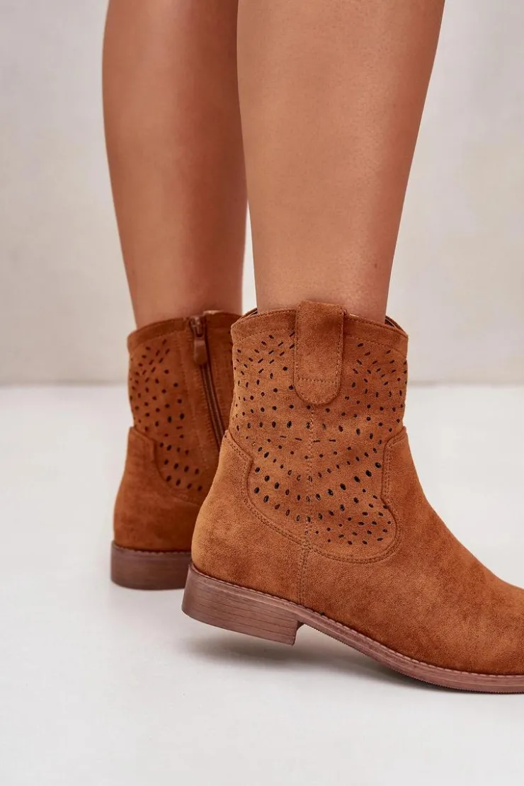 Sale Damskie buty S.Barski Damskie Ażurowe Botki Na Płaskim Obcasie Camel S.Barski HY42-135
