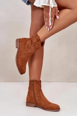 Sale Damskie buty S.Barski Damskie Ażurowe Botki Na Płaskim Obcasie Camel S.Barski HY42-135