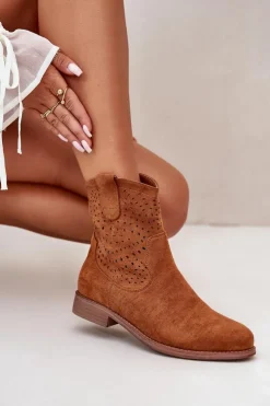 Sale Damskie buty S.Barski Damskie Ażurowe Botki Na Płaskim Obcasie Camel S.Barski HY42-135