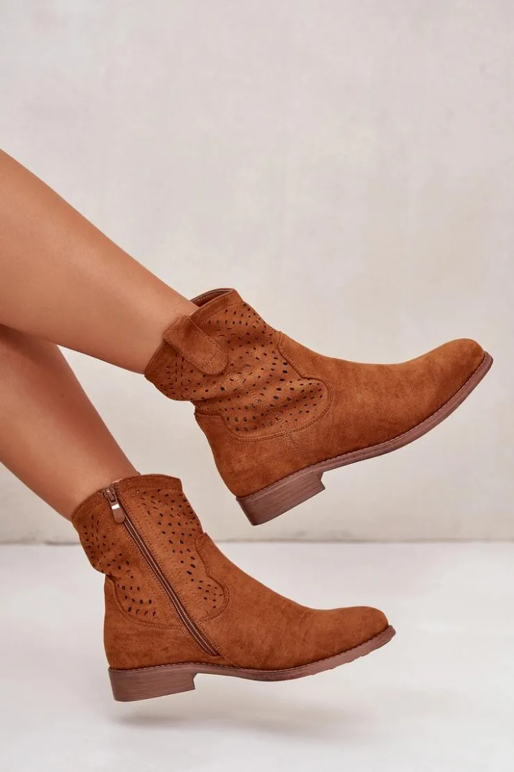 Sale Damskie buty S.Barski Damskie Ażurowe Botki Na Płaskim Obcasie Camel S.Barski HY42-135
