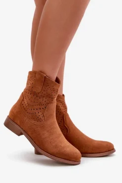 Sale Damskie buty S.Barski Damskie Ażurowe Botki Na Płaskim Obcasie Camel S.Barski HY42-135