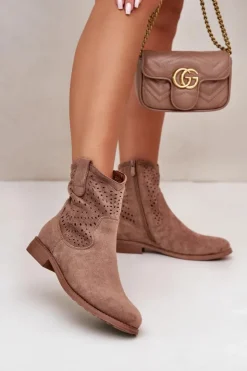 Damskie buty S.Barski Botki Wiosenne|Botki Ażurowe*Damskie Ażurowe Botki Na Płaskim Obcasie Brązowe S.Barski HY42-135