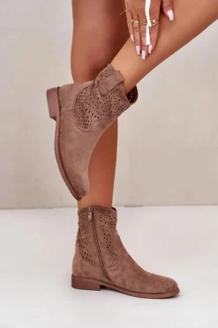Damskie buty S.Barski Botki Wiosenne|Botki Ażurowe*Damskie Ażurowe Botki Na Płaskim Obcasie Brązowe S.Barski HY42-135