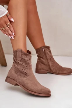 Damskie buty S.Barski Botki Wiosenne|Botki Ażurowe*Damskie Ażurowe Botki Na Płaskim Obcasie Brązowe S.Barski HY42-135